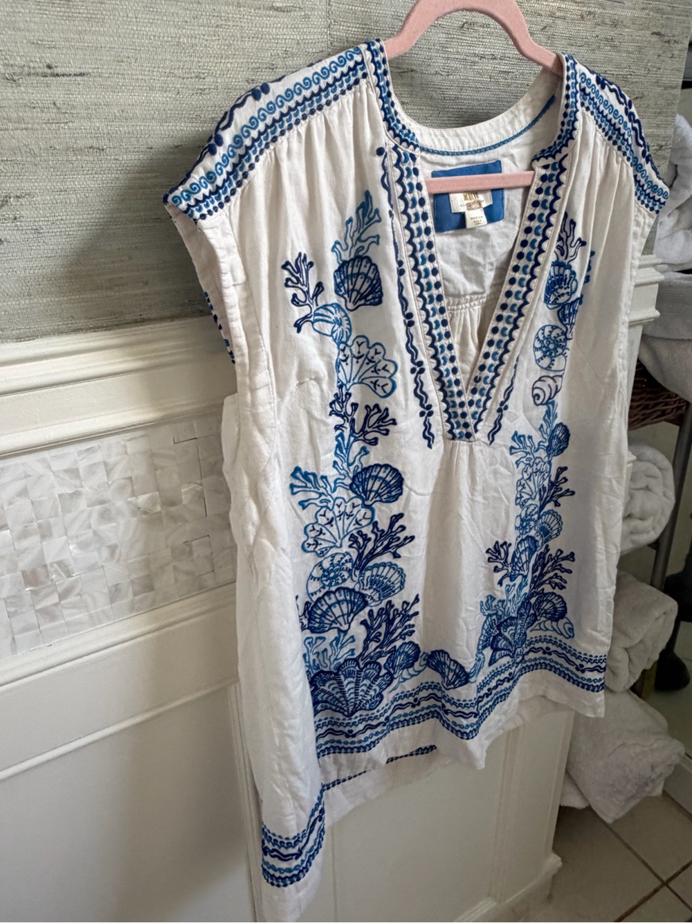 Anthropologie Maeve linen embroidered tunic dress medium white blue beach shells - Picture 9 of 17